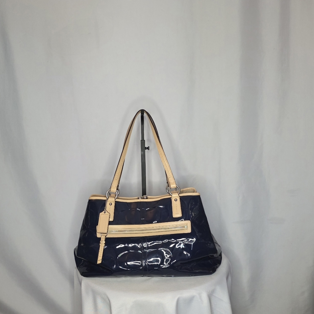 Coach Patent Leather Signature Tote – Navy Blue with Tan Trim, Leather Handles - Picture 8 of 11